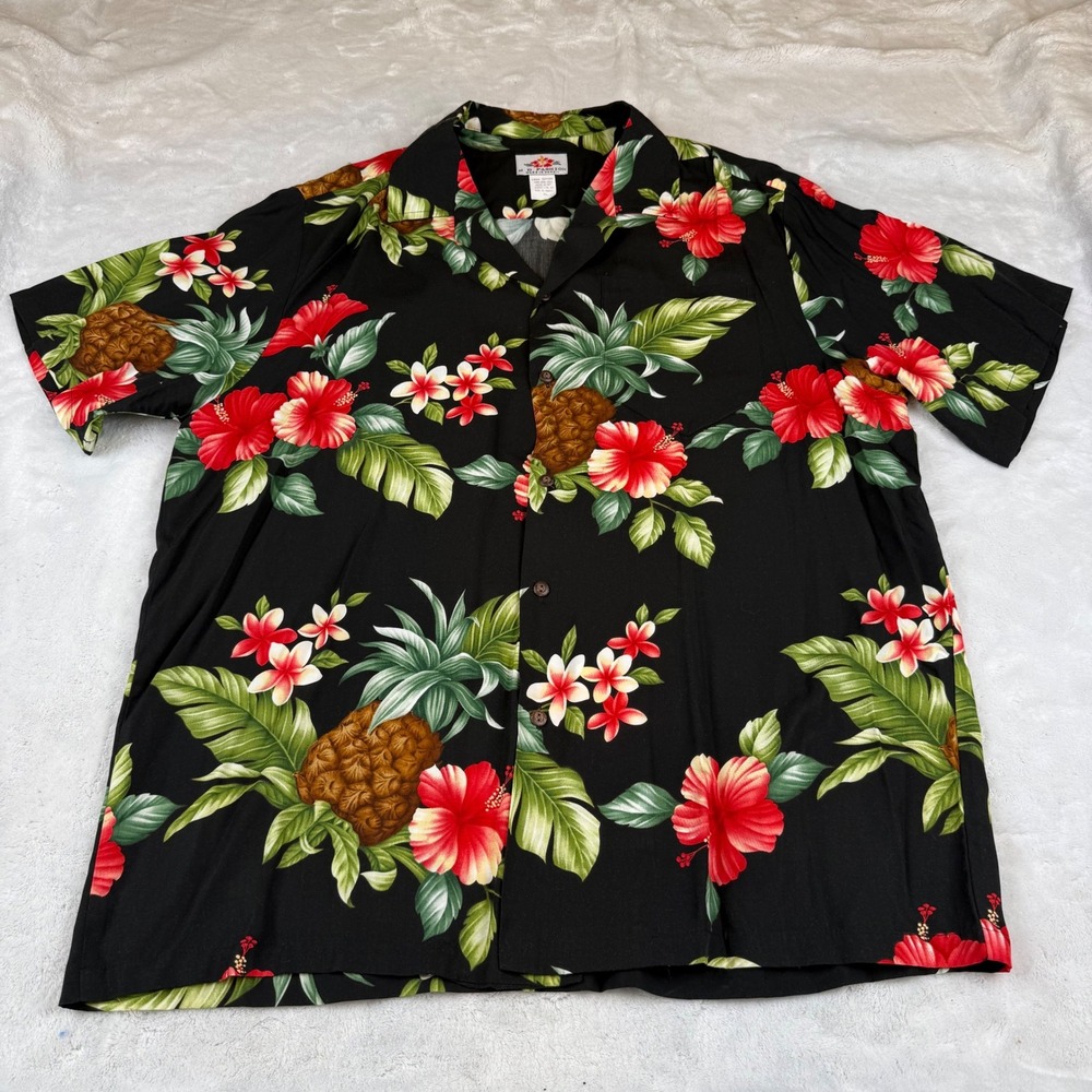 M‎ D Fashion Men XL Hawaiian Shirt Black Pineapple Hibiscus Rayon Made in Hawaii